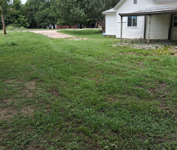 Side yard mowed and trimmed alongside a white house and concrete drive
