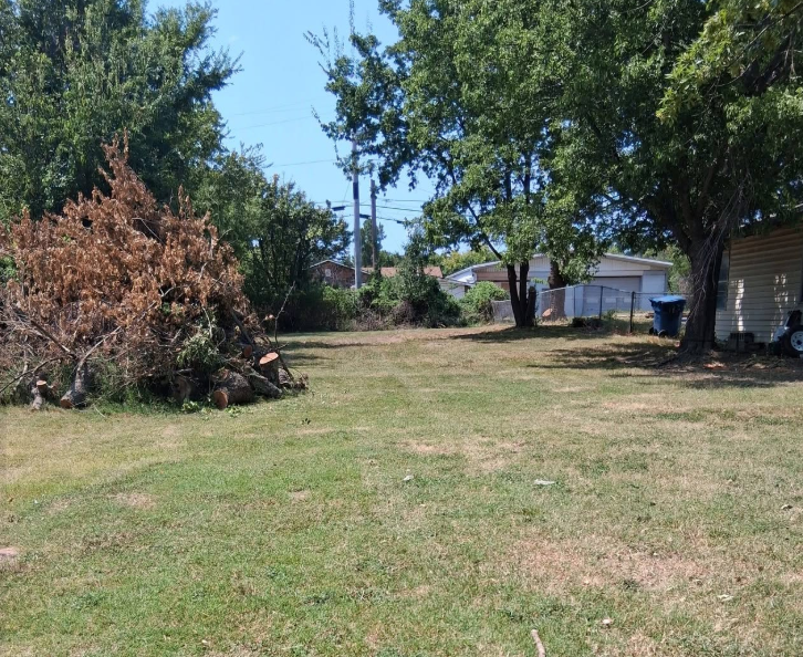 Yard cleanup with cut brush and tree limbs stacked for removal