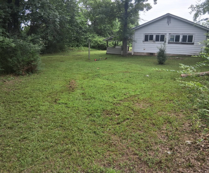 Back yard of a gray house mowed and trimmed around the tree line